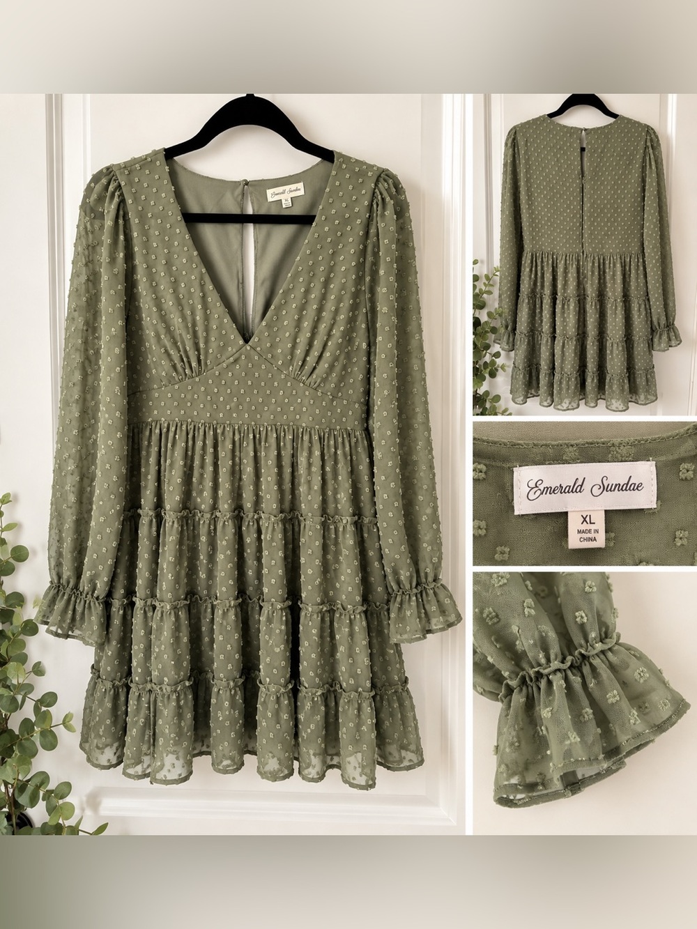 Emerald Sundae Sage Green Swiss Dot Tiered Long Sleeve Mini Dress